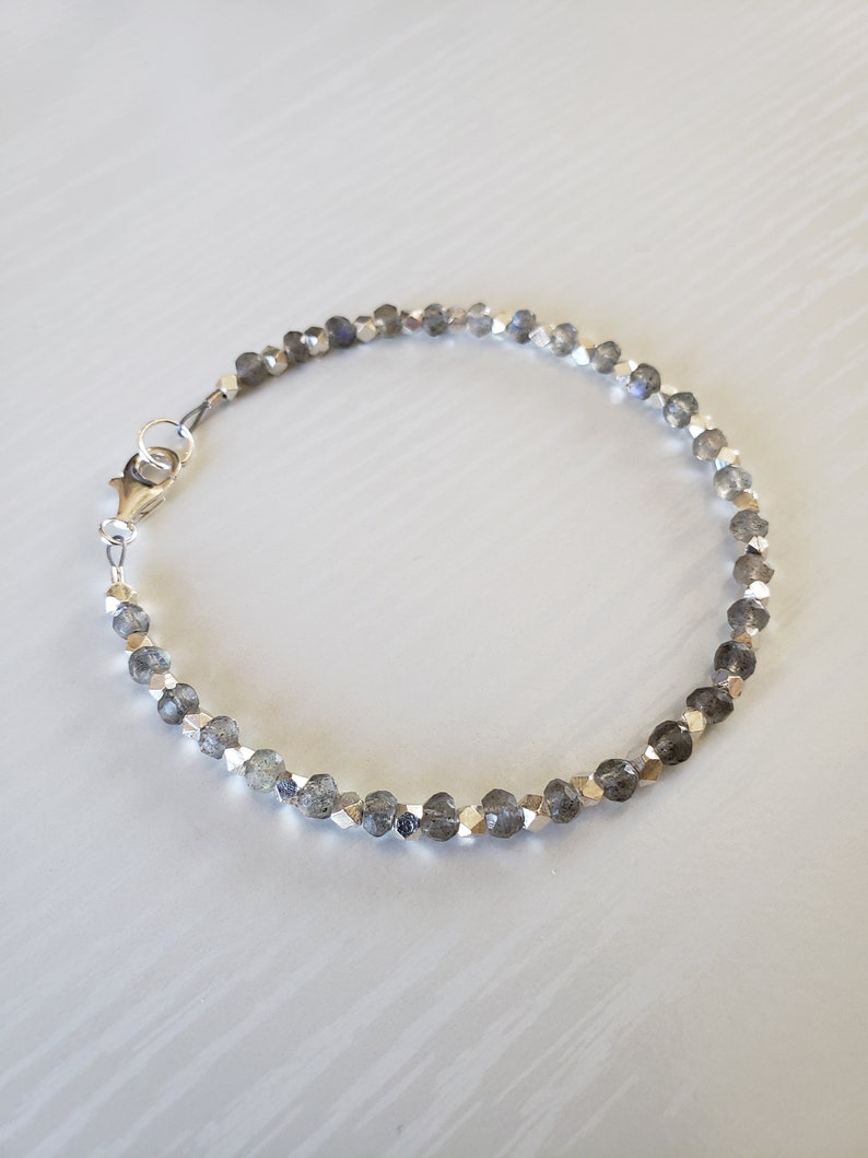 Faceted Rondelle Blue Fire Labradorite Dainty Bracelet | Hill Tribe Silver Bracelet Minimalist AAA Labradorite Labradorite