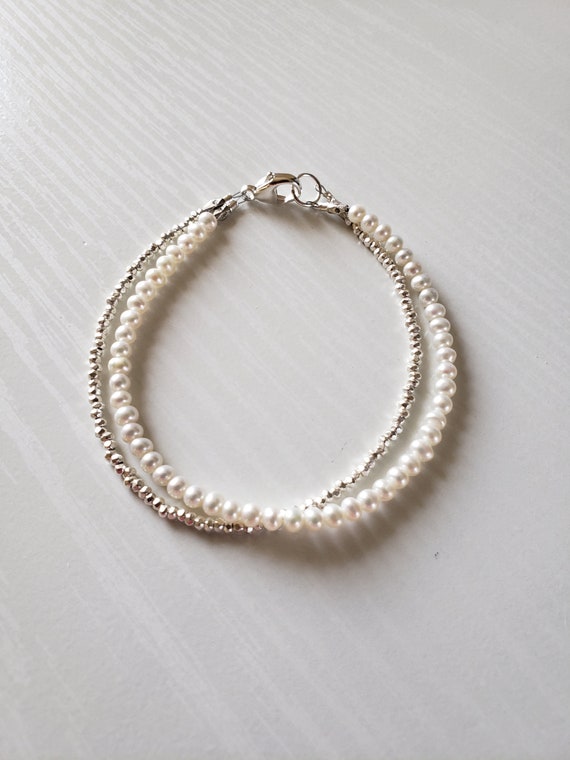 AAA Double Stranded Pearl, Hill Tribe Silver Bracelet | Bridal Jewelry, Wedding Jewelry | June Birthstone | Gift Boxed