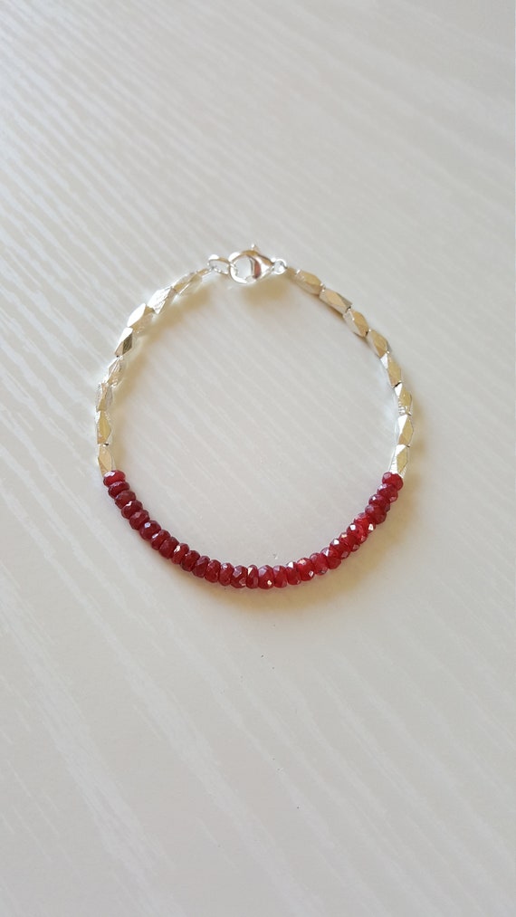 AAA++ Natural Ruby Bracelet | Red Ruby Bracelet | Faceted, Rondelle Precious Gemstone | Hill Tribe Silver | Minimalist | July Birthstone