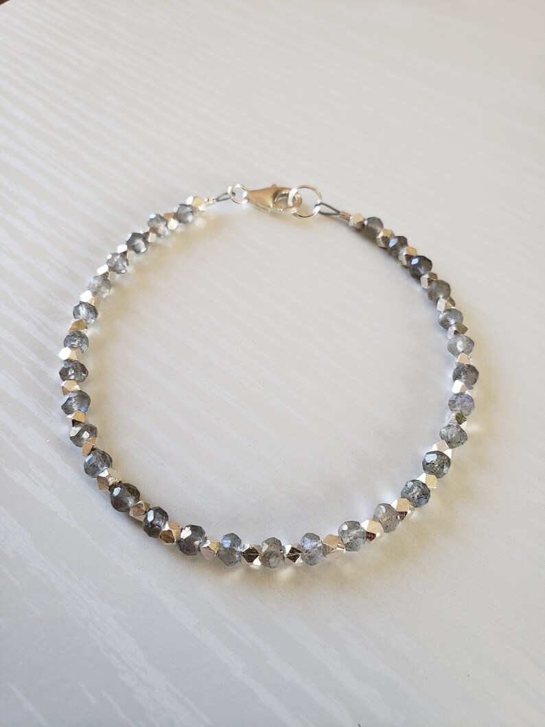 Faceted Rondelle Blue Fire Labradorite Dainty Bracelet | Hill Tribe Silver Bracelet Minimalist AAA Labradorite Labradorite