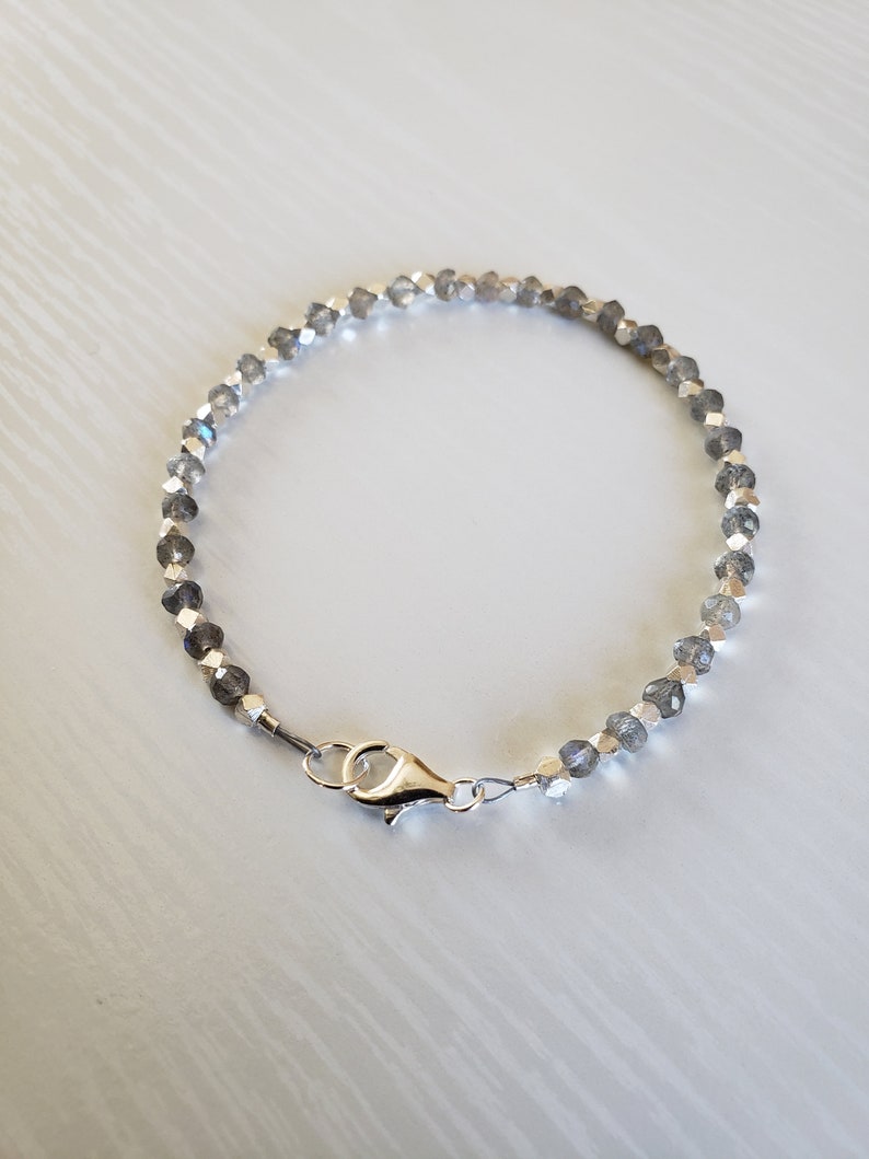 Faceted Rondelle Blue Fire Labradorite Dainty Bracelet | Hill Tribe Silver Bracelet Minimalist AAA Labradorite Labradorite