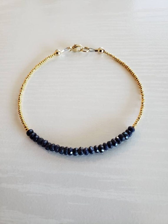 AAA+ Natural Dark Blue Sapphire, 24K Hill Tribe Gold Vermeil Bracelet | 14K Gold Filled Clasp & Findings | September Birthstone |