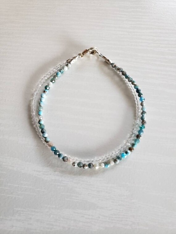 Double Stranded Natural Apatite, White Topaz Bracelet | 925 Sterling | Dainty, Stacking Bracelet | Bridal Jewelry | November Birthstone