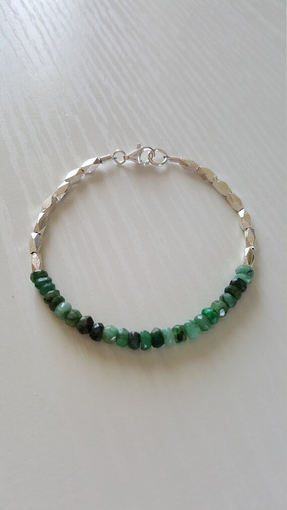 AAA++ Emerald Bracelet, Hill Tribe Silver Rice Tube Beads | 925 Sterling Clasp & Findings | Precious Gemstone | May Birthstone