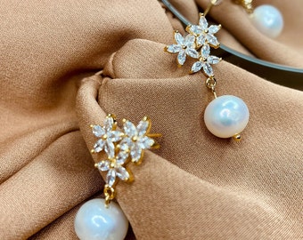 Wedding jewelry earrings crystal flower natural freshwater pearl 18k gold gift for her bridal jewelry