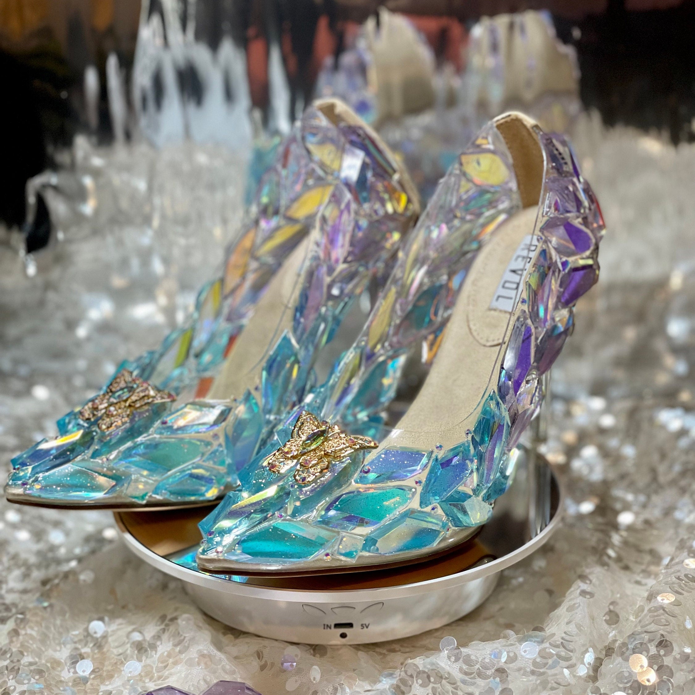 Customize colour! Wedding Cinderella glass slippers blue-purple Crystal  bridal heels diamond cut crystal wedding birthday gift for her