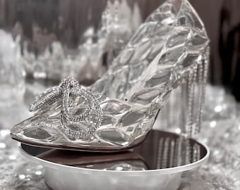 Impresionantes zapatillas de cristal de Cenicienta de boda, tacones de  novia de cristal plateado, regalo de cumpleaños de boda de cristal con corte