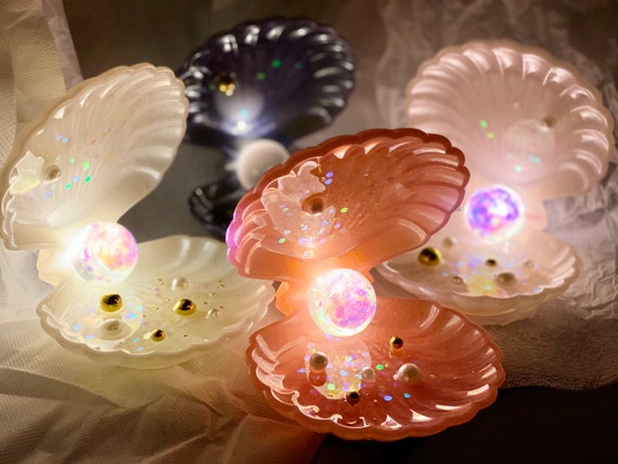 Crystal pearl shell night light warm white lamp Little Mermaid theme romantic gift for her Halloween unique gift