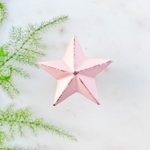 May include: A pink five-pointed star with a distressed finish. The star is made of metal and has a rustic look.