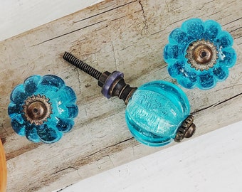 Glass Knob, Melon Shaped Knob, Blue Dresser Knob, Turquoise Cabinet knob, Modern Knob, Boho Knob, Traditional Style Knob, DIY