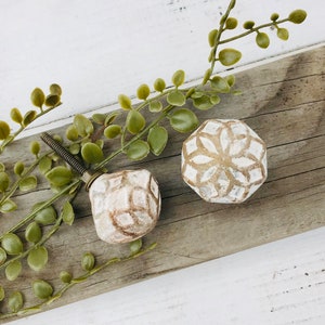 May include: Two white and gold decorative cabinet knobs with a geometric design. The knobs are on a wooden surface with green leafy branches.