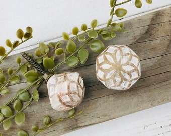 Brown Whitewash Flower Knob: Ceramic Modern Cabinet Knob