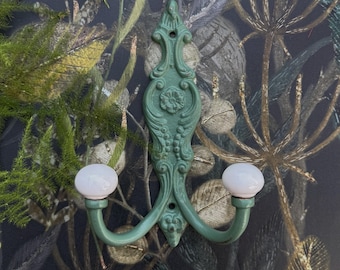 Cast Iron Double Hook: French Country Ceramic Knob Wall Hook