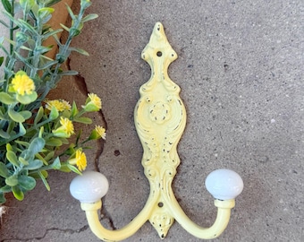 Cast Iron Double Hook: French Country Ceramic Knob Wall Hook