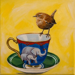 Wren and Teacup, Small Giclée Print, Finch, Fine Art by Lauren White