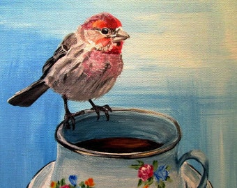 Bird and Teacup, Small Giclée Print, House finch, Fine Art by Lauren White