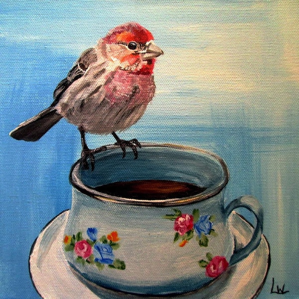 Bird and Teacup, Small Giclée Print, House finch, Fine Art by Lauren White