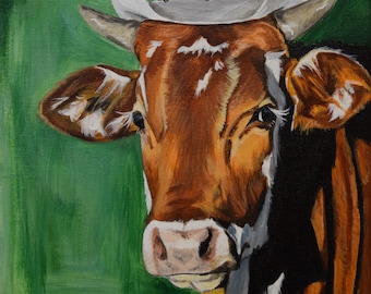 Cowgirl Cow Giclee Art Print, Western Art, 8x10