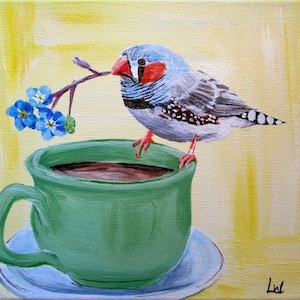 Bird and Tea Cup, Giclée Print, 5 x 7&quot;,  Finch, Fine Art by Lauren White