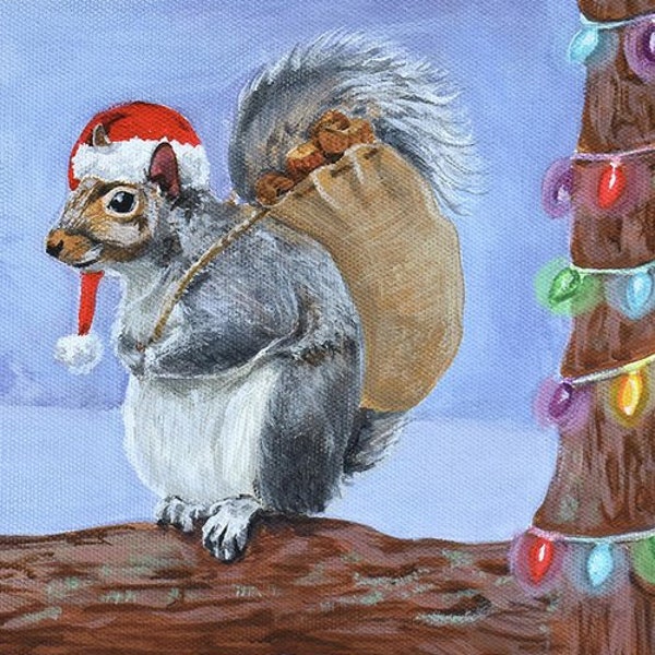 Funny, Christmas, Santa Squirrel Greeting Card, Cute, Animal, Holiday, Whimsical, Fine Art By Lauren White