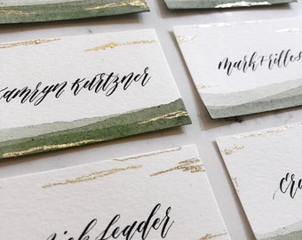 Watercolor Dipped Place Cards with Custom Calligraphy and Optional Gilding and Deckled Edges