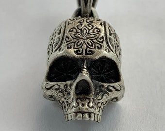 Sale - 40% Off- Night Of The Dead Skull Pendant *Sterling Silver* Sugar Skull Biker Punk Gothic Charm Gift - 25mm