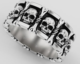 Custom Order - Skull and Bones Ring *14k White Gold* - Size 8 - 10MM Band
