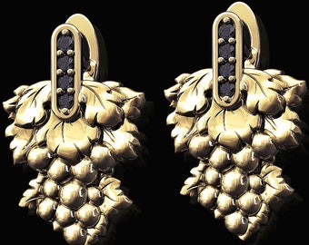 Vintage Grape Earrings *Onyx With 10k/14k/18k White, Yellow, Rose, Green Gold, Gold Plated & Silver* Fruit Food Wine Farm Women Woman Girl