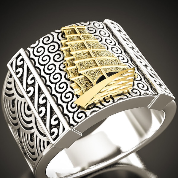 Santa Maria Ship Ring *10k/14k/18k White, Yellow, Rose, Green Gold, Gold Plated & Silver* Boat Sail Pirate Fish Ocean Water Men Thumb Gift