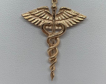 Caduceus Medical Pendant *10k/14k/18k White, Yellow, Rose Green Gold, Gold Plated & Silver* Doctor Nurse Paramedic First Aid Charm Necklace
