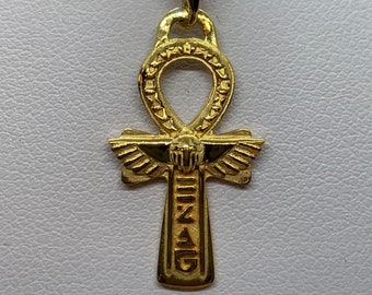 Sale - 40% Off- Egyptian Ankh Pendant *18k Yellow Gold* Hieroglyphic Egypt Cross Amulet Necklace Charm