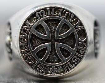 Knights Templar Seal Ring *10k/14k/18k White, Yellow, Rose, Green Gold, Gold Plated & Silver* Sigillum Militum Xpisti Grand Master Thumb