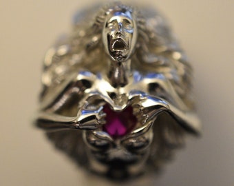 Custom Order for Christopher - Rip Out My Heart Ring - Sterling Silver - Set with 2 black Moissanites and 1 Ruby Stone- Size 12