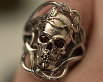 Living Dead Skull Ring *10k/14k/18k White, Yellow, Rose, Green Gold, Gold Plated & Silver* Skeleton Biker Punk Gothic Demonic Reaper Thumb