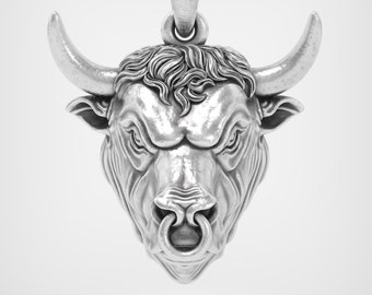 Bruiser Bull Pendant *10k/14k/18k White, Yellow, Rose, Green Gold, Gold Plated & Silver* Animal Cow Taurus Zodiac Horoscope Charm Necklace