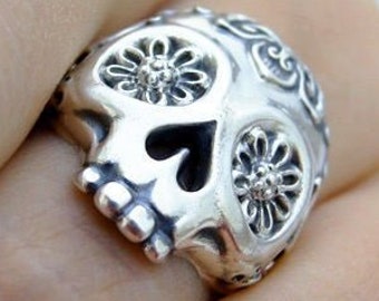 Anillo Calavera de Azúcar Imelda *Oro blanco, amarillo, rosa verde de 10k/14k/18k, chapado en oro y plata* Día de Muertos México Regalo para mujer