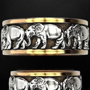 March Of The Elephants Ring *10k/14k/18k Wit, Geel, Roos, Groen Goud, Verguld & Zilver* Animal Zoo Africa Love Men Women Thumb Gift