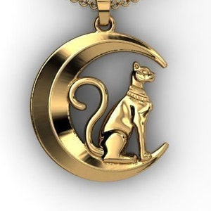 Moon Cat Pendant *10k/14k/18k White, Yellow, Rose, Green Gold, Gold Plated & Silver* God Goddess Egypt Women Woman Girl Charm Necklace Gift