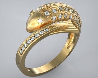 Goldie Goldfish Ring * Moissanita con 10k / 14k / 18k Blanco, Amarillo, Rosa, Oro Verde, Chapado en Oro y Plata * Animal Fish Boat Ship Water Thumb