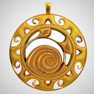 May include: A gold pendant with a circular design featuring a spiral pattern inside a decorative frame.