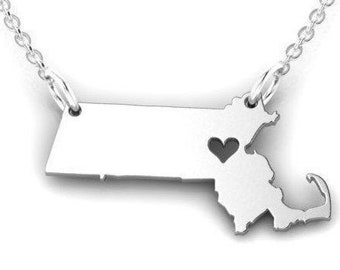 Love Massachusetts Pendant *10k/14k/18k White, Yellow, Rose Green Gold, Gold Plated & Silver* USA America State Bostom Heart Charm Necklace