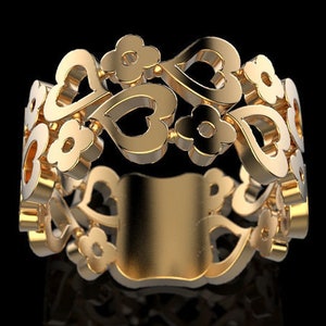 Hearts And Clovers Ring *10k/14k/18k White, Yellow, Rose Green Gold, Gold Plated & Silver* Love Flower Nature Men Women Thumb Pinky Gift