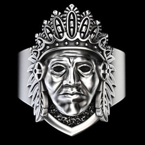 Indian Chief Ring *10k/14k/18k White, Yellow, Rose, Green Gold, Gold Plated & Silver* Aboriginal First Nations Cherokee Native Men Thumb