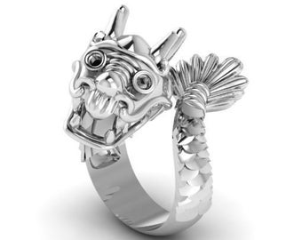 Long Wang Chinesischer Drachenring *10k/14k/18k Weiß-, Gelb-, Rosé-, Grüngold, vergoldet & Silber* Tierfantasie Mythos Schuppen Daumen Kleiner Finger