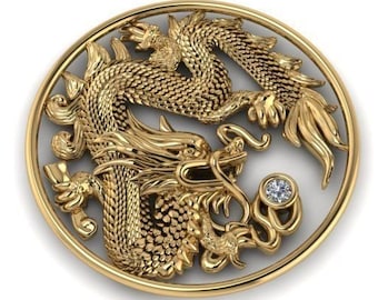 Huteng Dragon Pendant *Moissanite With 10k/14k/18k White, Yellow, Rose Green Gold, Gold Plated & Silver* Animal Chinese Charm Necklace Gift