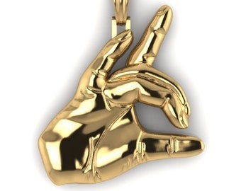 Rock On Hand Pendant *10k/14k/18k White, Yellow, Rose, Green Gold, Gold Plated & Silver* Bull Horns Texas Finger Symbol Charm Necklace Gift