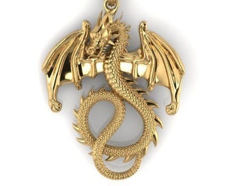 May include: A gold dragon pendant with outstretched wings and a curled tail. The dragon is detailed with scales and claws.