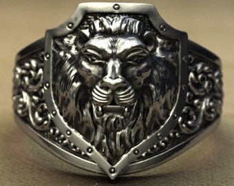 Sarabi Lion Ring *10k/14k/18k White, Yellow, Rose, Green Gold, Gold Plated & Silver* Animal Shield Zoo Pet Cat Men Thumb Gift Biker Pinky