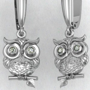 Hoot Owl Earrings *Moissanite With 10k/14k/18k White, Yellow, Rose, Green Gold, Gold Plated & Silver* Bird Pet Animal Vet Women Woman Girl