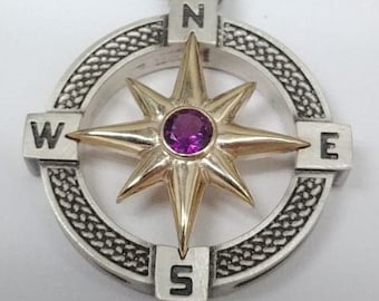 Sale - 40% Off-  North Star Compass Pendant *Sterling Silver* Ship Boat Captain Navy Charm - Set with Round Amethyst